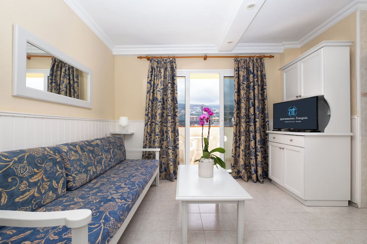 Een woonkamer met een bank, een tafel, een televisie en uitzicht op de stad door de gordijnen.