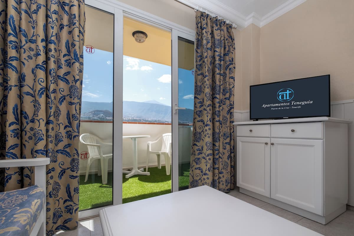 Een hotelkamer met balkon, een televisie op een kast, en uitzicht over de stad.