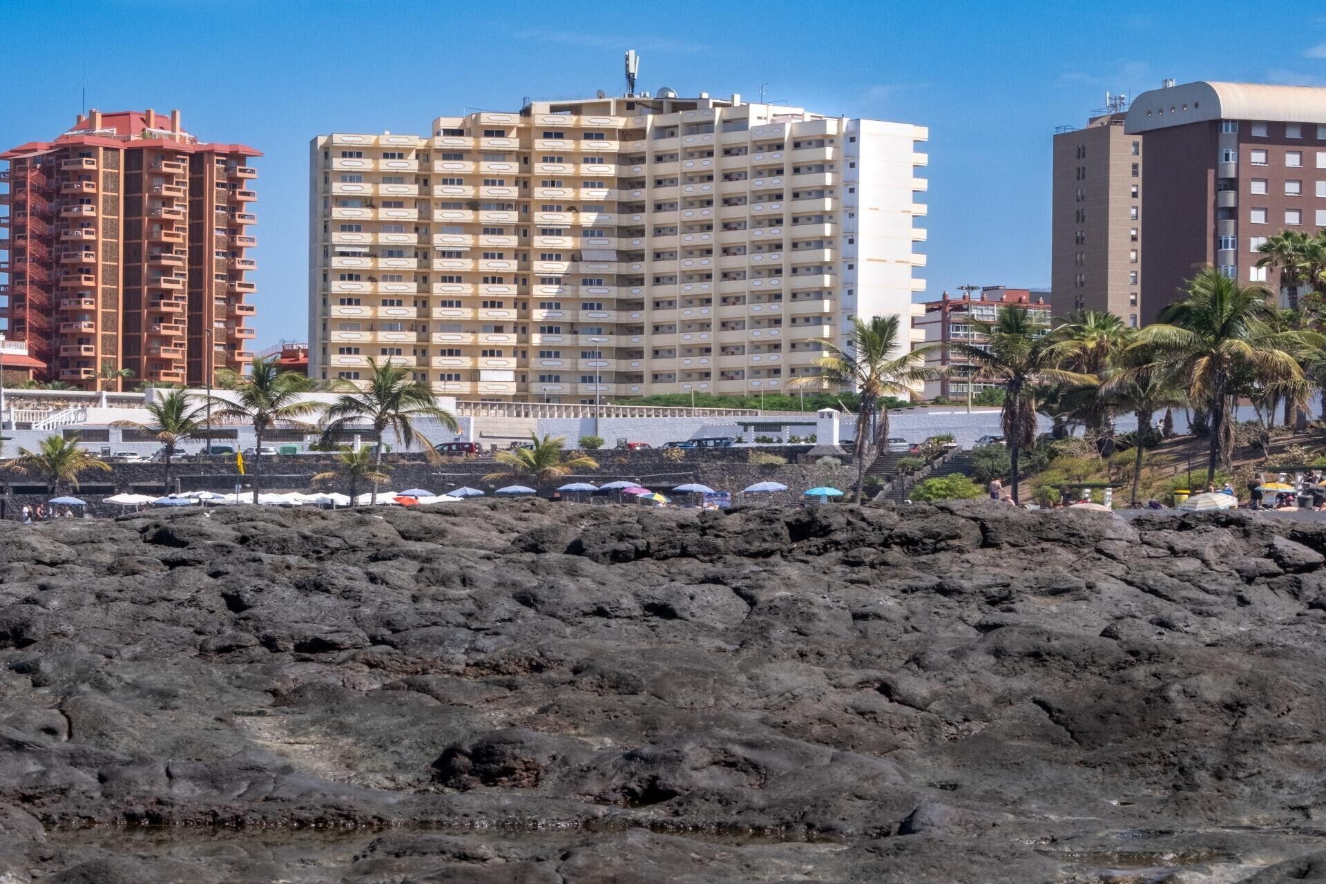 A coastal cityscape with a rocky foreground, a large multi-story building with balconies, and palm trees.