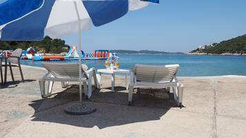 On the beach, sun-loungers, beach umbrellas