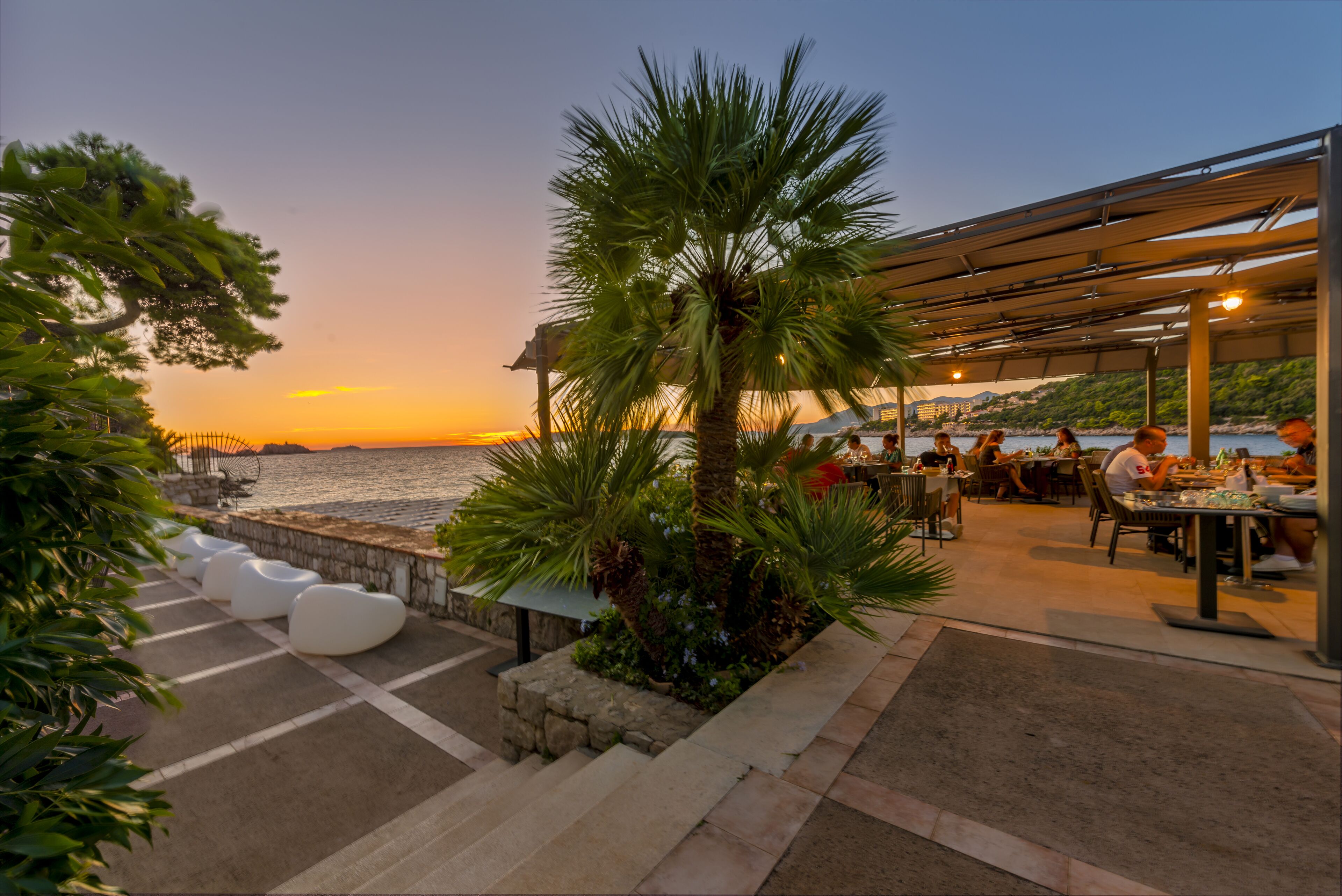 Un restaurante frente al mar con terraza, una palmera y vistas al atardecer sobre el agua.