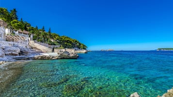 On the beach, sun-loungers, beach umbrellas, beach bar