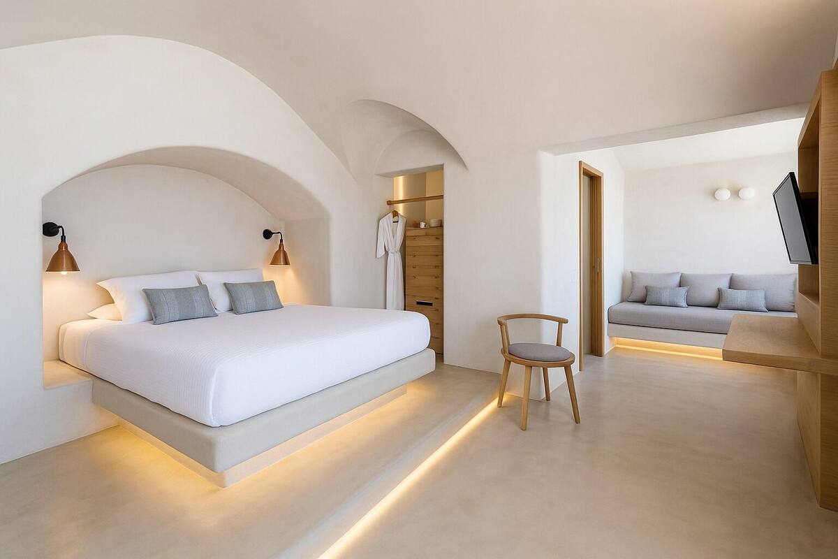 A modern bedroom with a large bed, bedside lamps, a wooden chair, and a sofa in a minimalist style.