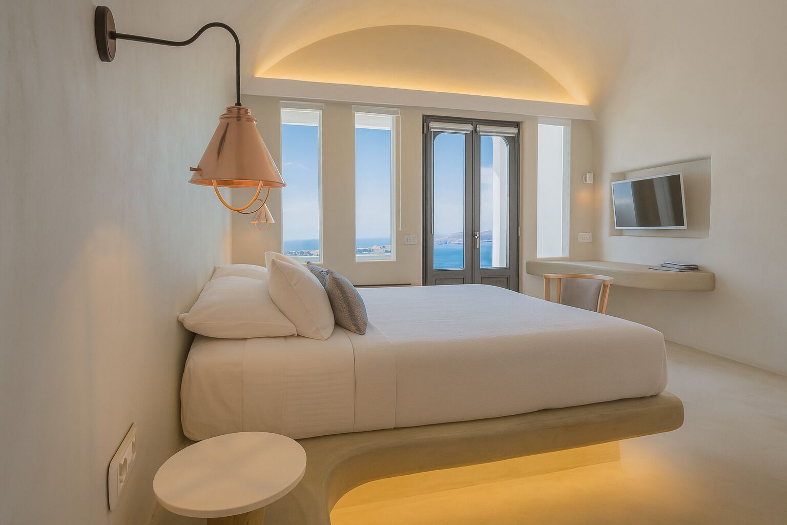 A modern bedroom with a bed, bedside table, and a TV mounted on the wall.