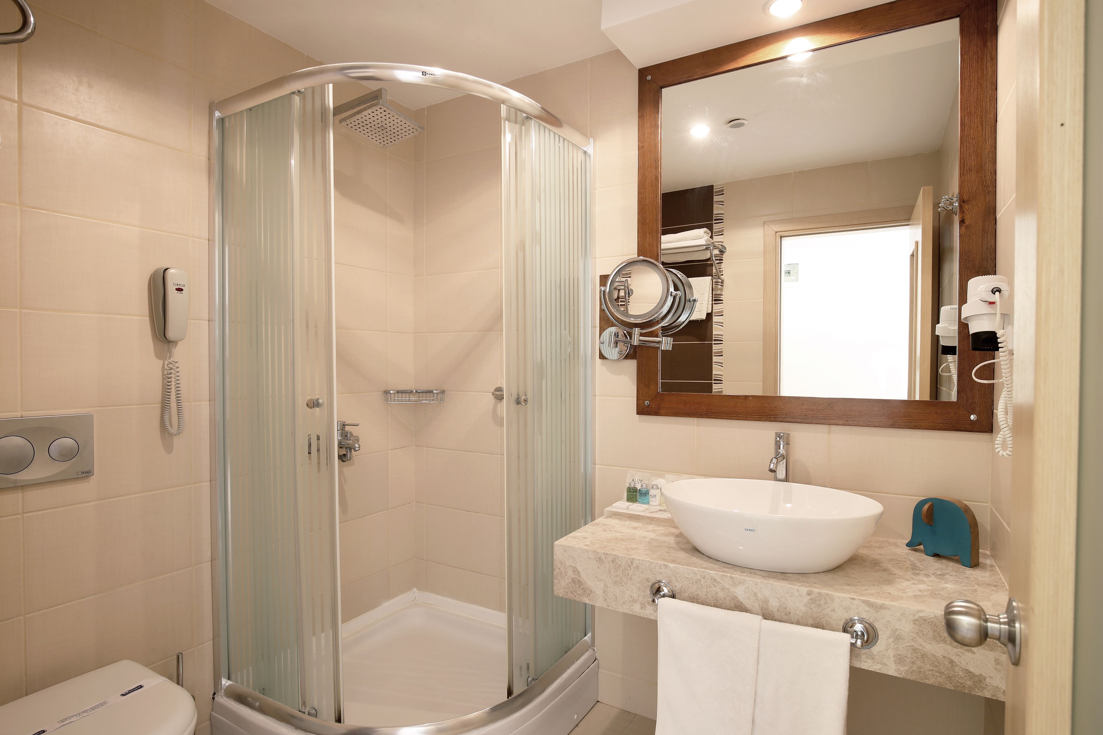 A modern bathroom with a glass-enclosed shower, a white sink, and a mirror with a wooden frame.