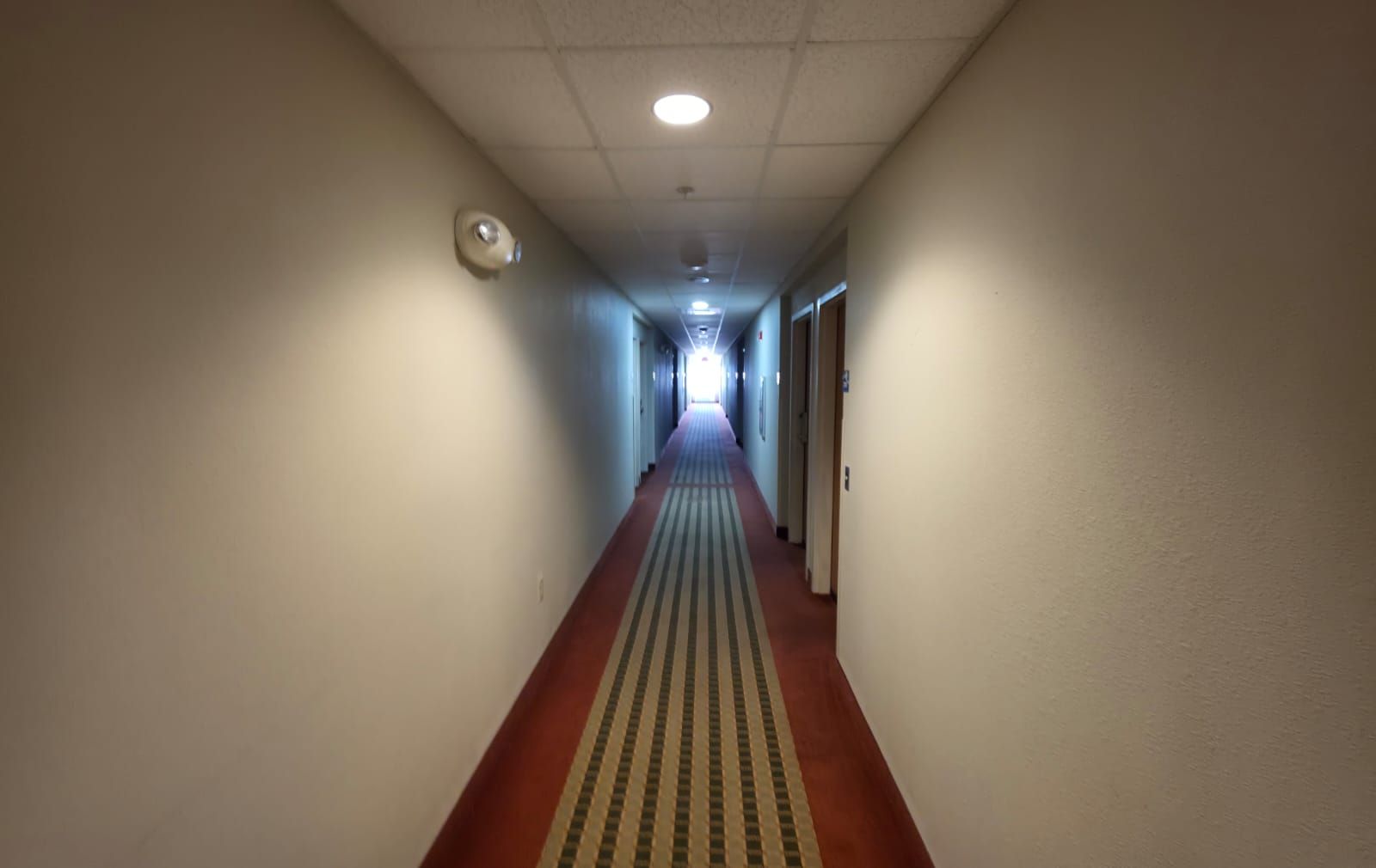 Un pasillo de hotel con alfombra roja, paredes blancas y una lámpara en el techo.