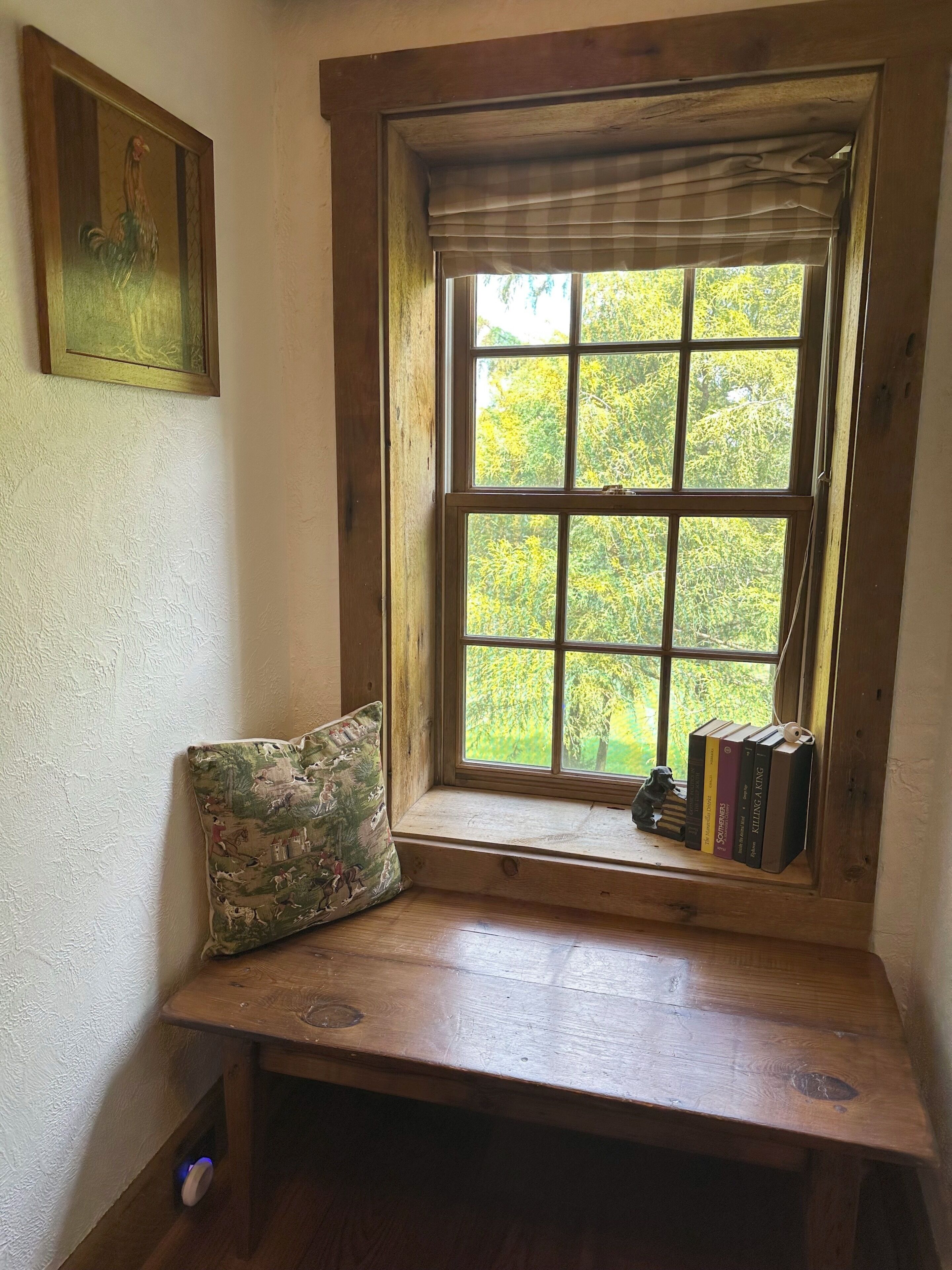 A wooden bench with a cushion, a window with a view of trees, and a small shelf with books and a figurine.