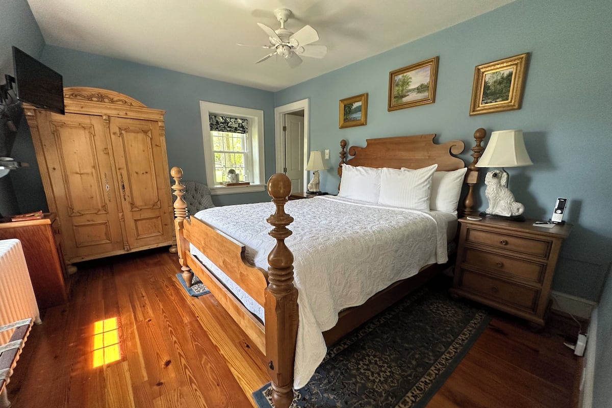 A bedroom with a wooden bed, a nightstand with a lamp, a dresser, and a ceiling fan.
