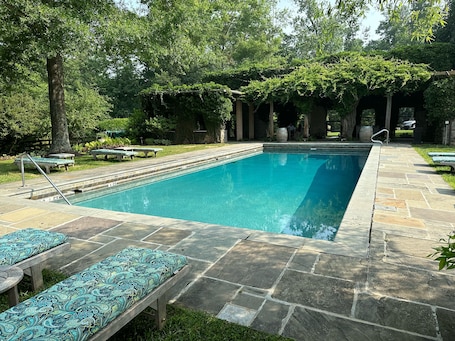 Seasonal outdoor pool, open 9:00 AM to 8:00 PM, sun loungers