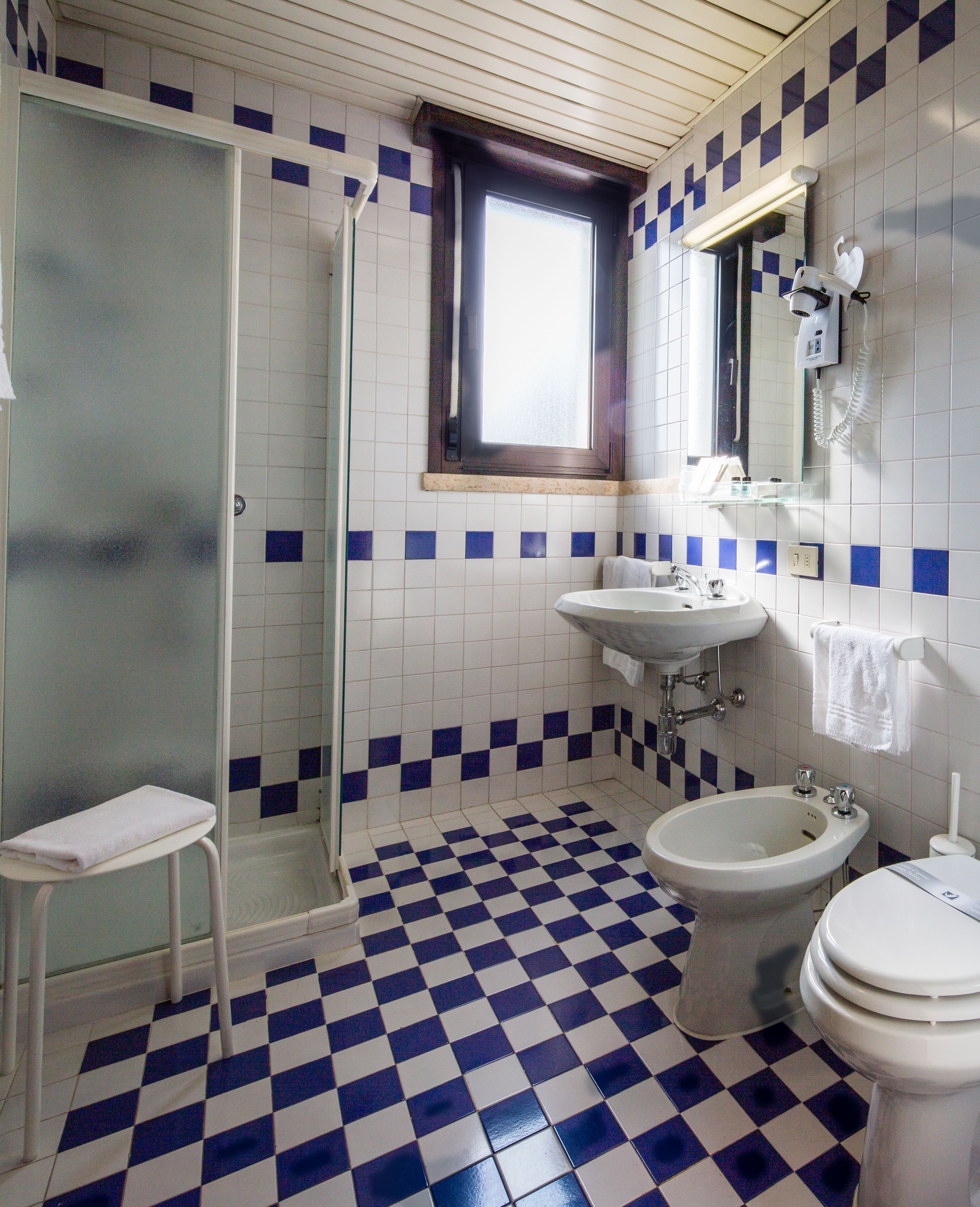 Shower, free toiletries, hair dryer