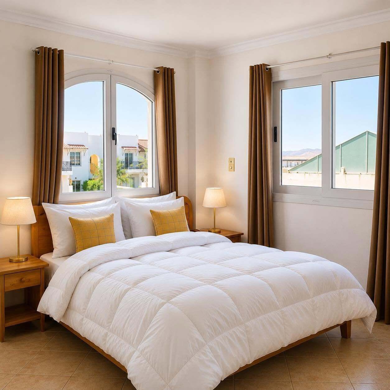 Egyptian cotton sheets, premium bedding, desk, laptop workspace