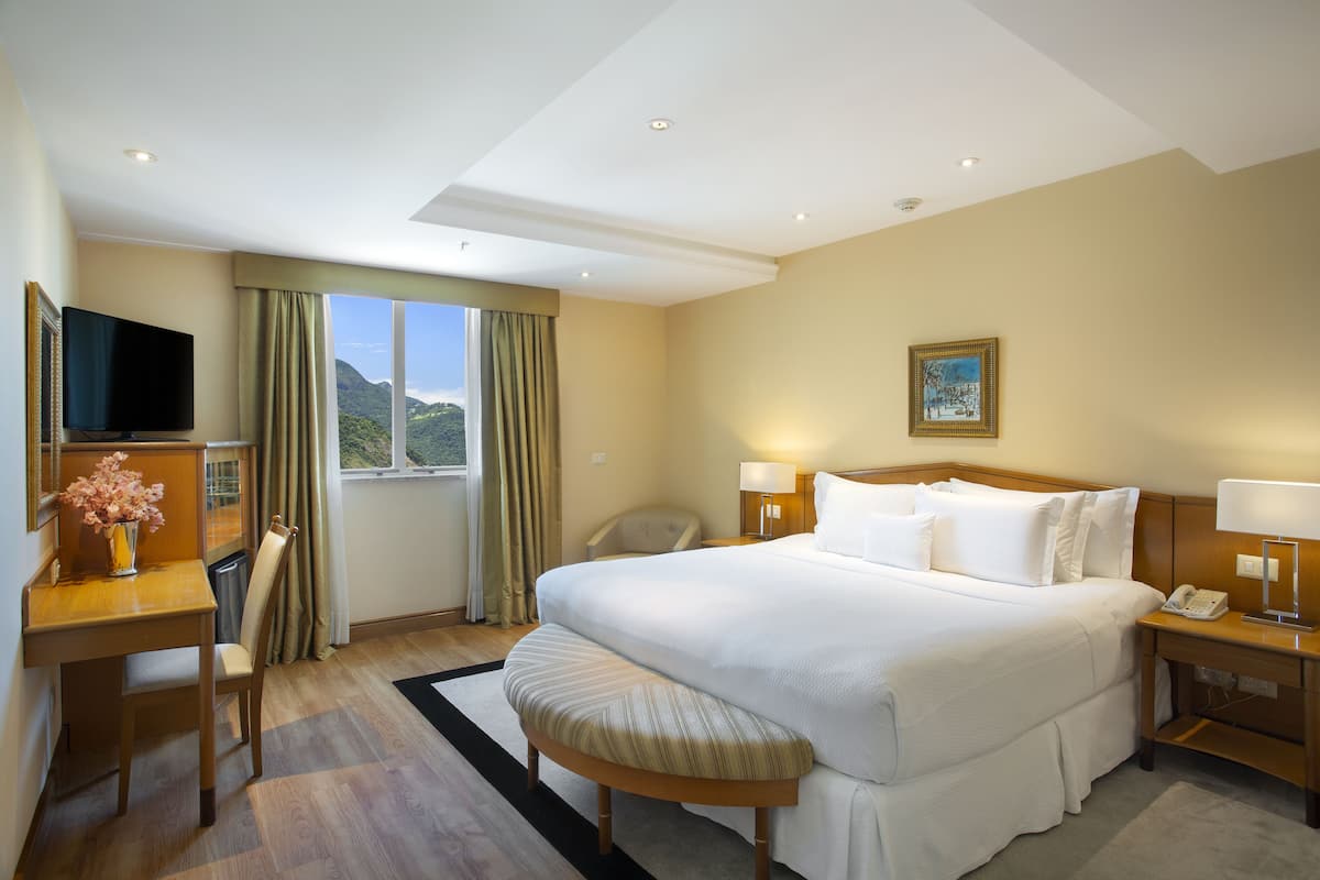 Habitación de hotel con una cama grande, un escritorio con televisión, una silla, una mesita de noche con lámpara y una ventana con cortinas.