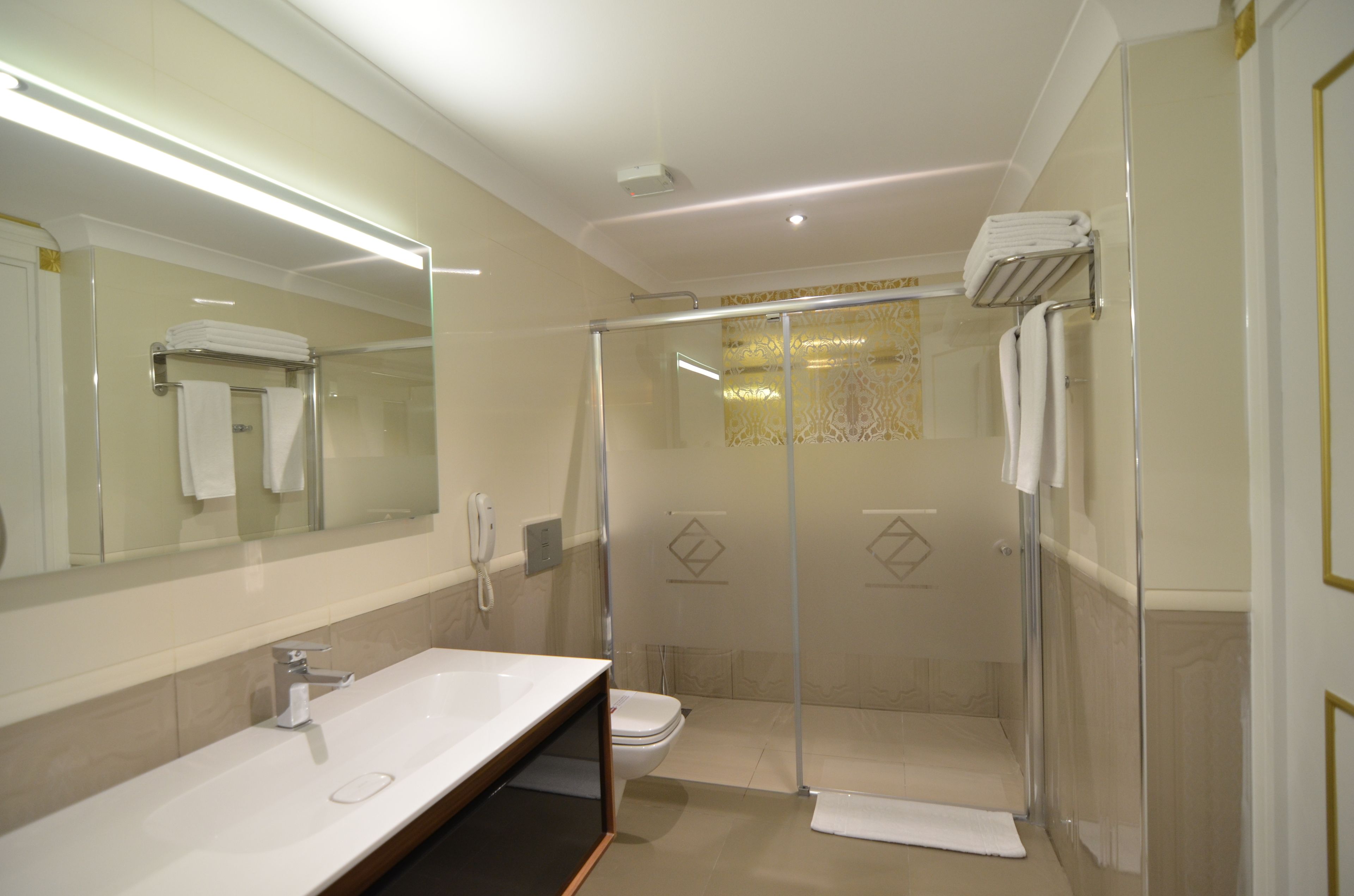 A modern bathroom with a glass-enclosed shower, a vanity with a sink, and a toilet.
