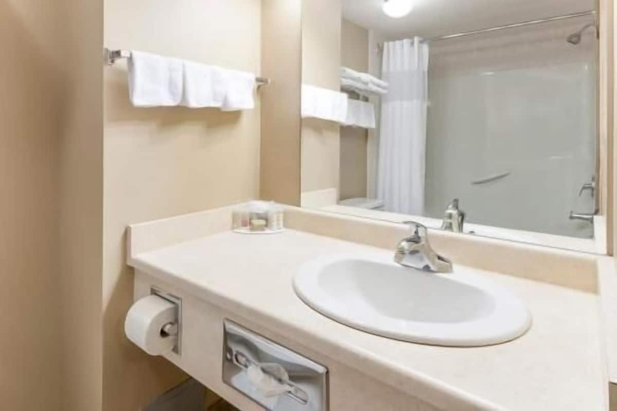 A bathroom with a sink, mirror, towel rack, and shower curtain.