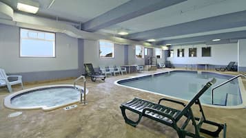Indoor pool, open 8:00 AM to 10:00 PM, pool umbrellas, pool loungers