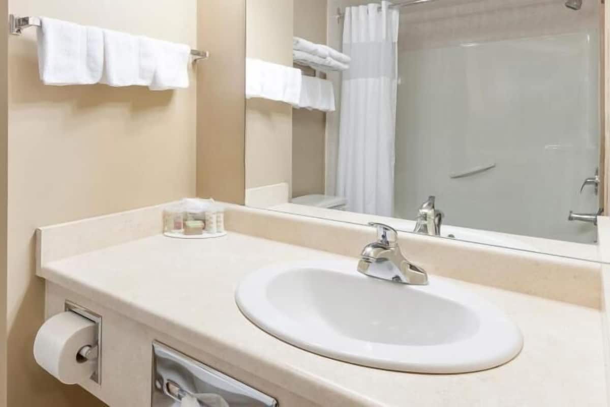 A bathroom with a sink, mirror, towel rack, and shower curtain.