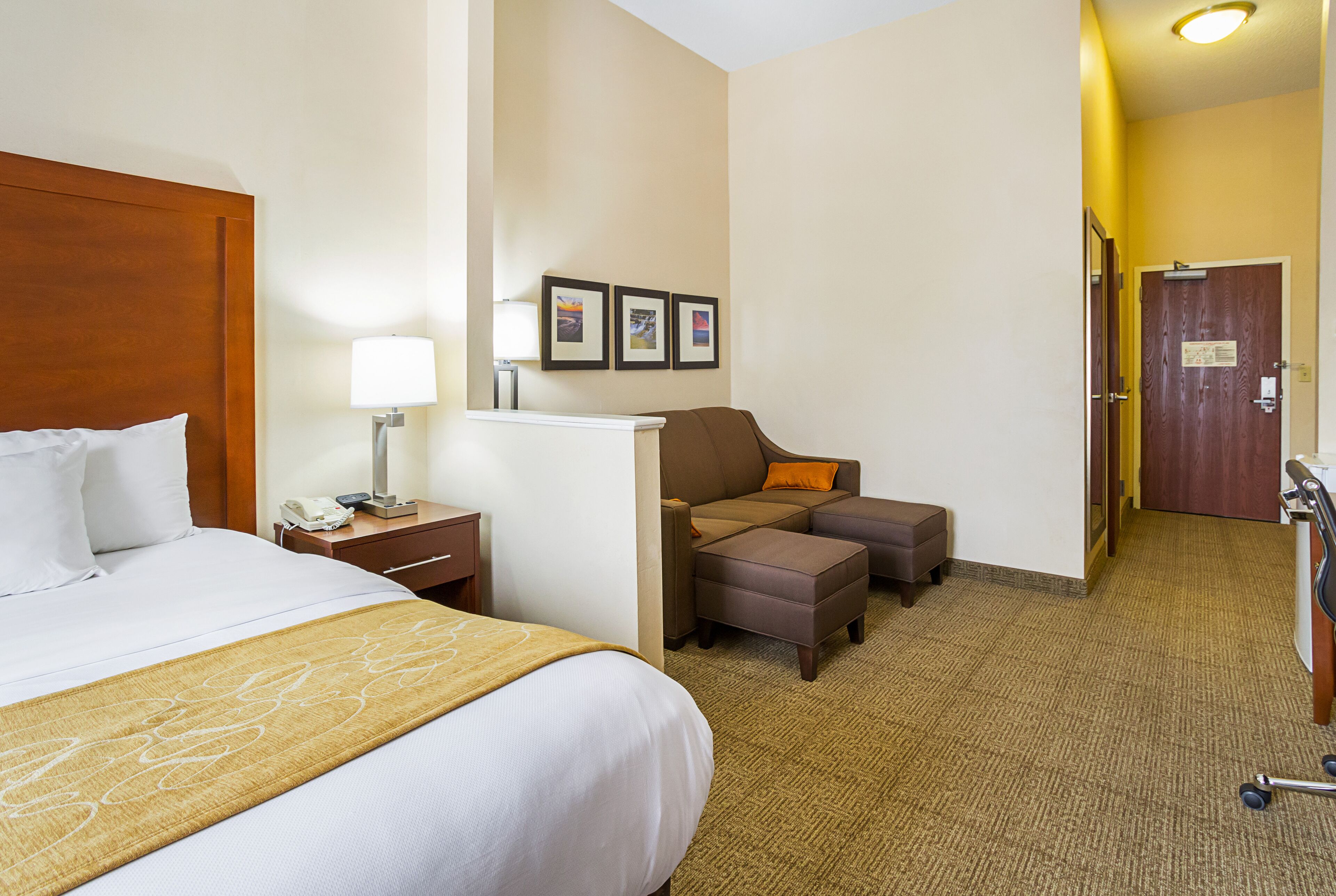 A hotel room with a bed, a desk, a chair, and a sofa.