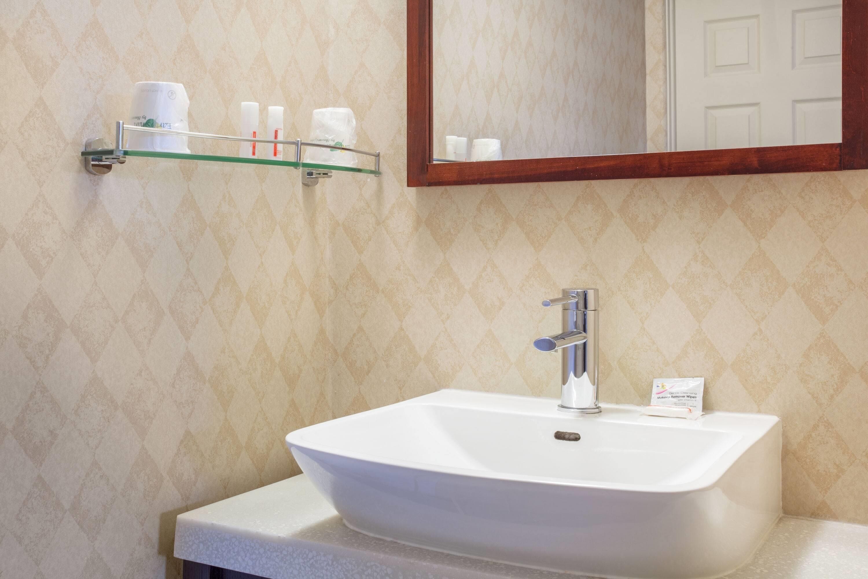 A bathroom with a white sink, a mirror, and a shelf with toiletries.