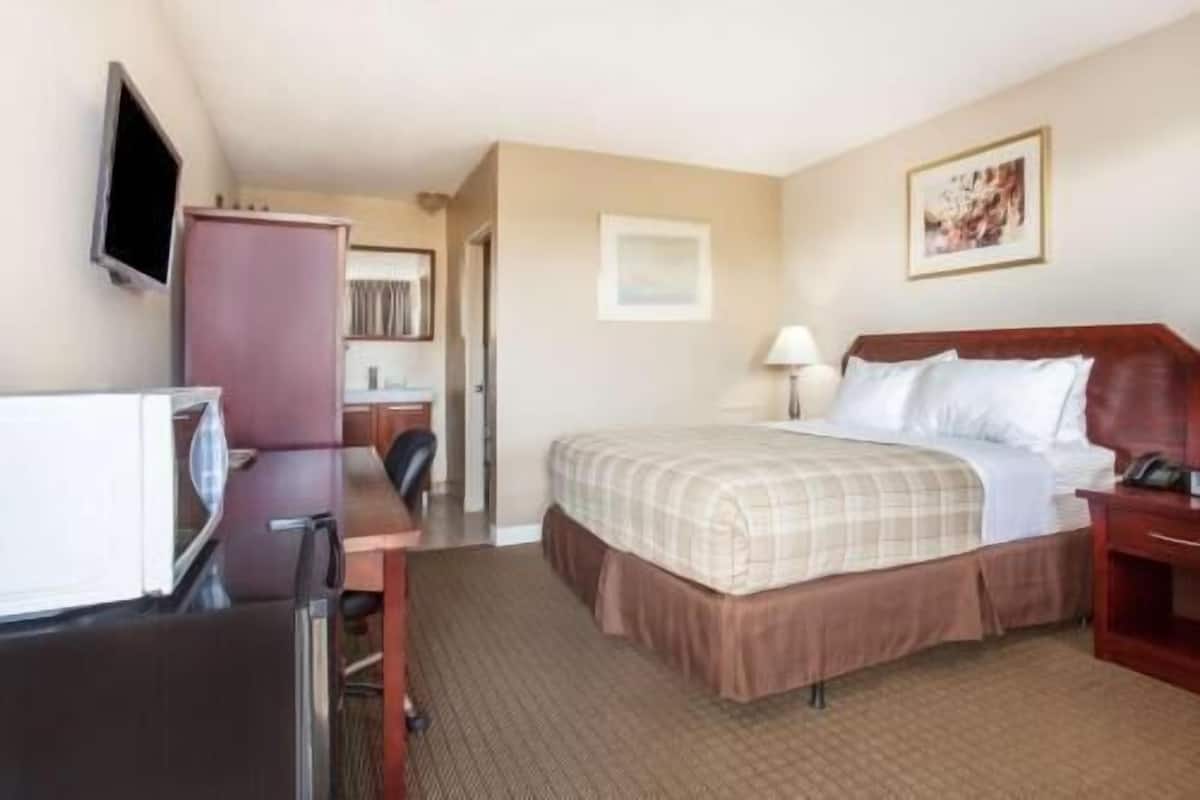 Une chambre d’hôtel avec un lit, un bureau, une chaise, une télévision et un tableau au mur.