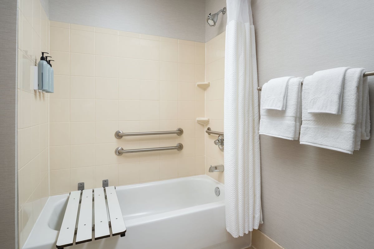 combined shower/bathtub, free toiletries, hair dryer, towels