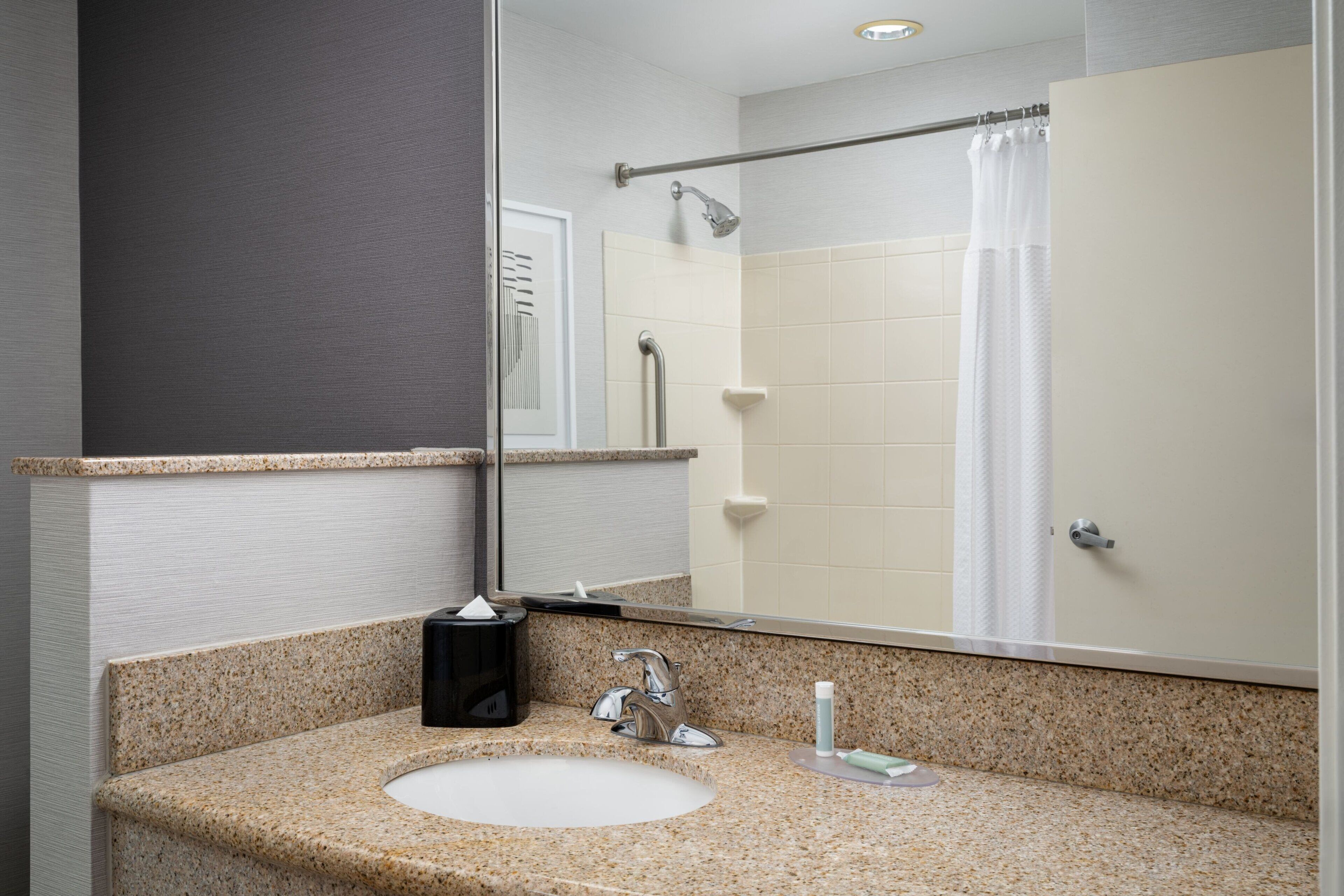 A bathroom with a granite countertop sink, a mirror, a towel rack, and a shower curtain.