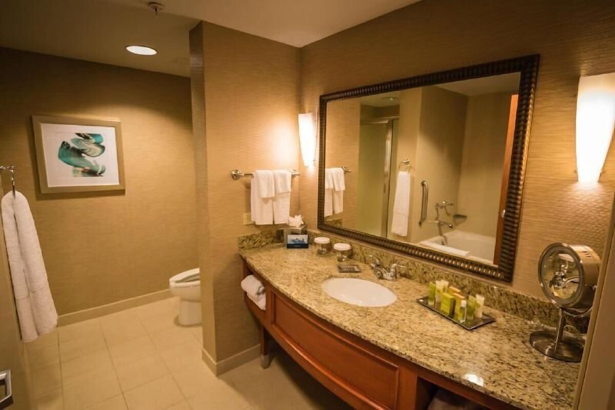 A bathroom with a large mirror, a sink, a toilet, and a towel rack.