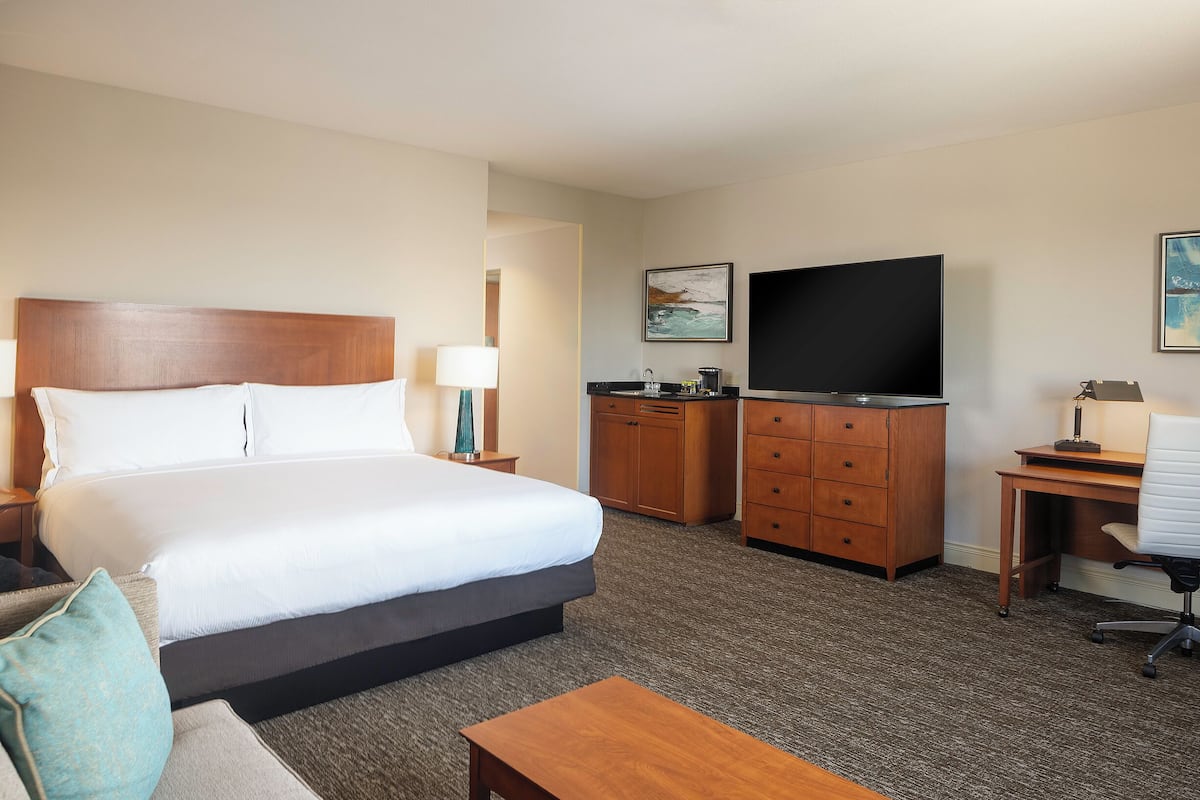 A hotel room with a large bed, a desk, a TV, and a wardrobe.