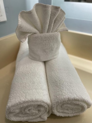 Douche, serviettes fournies, savon, shampooing