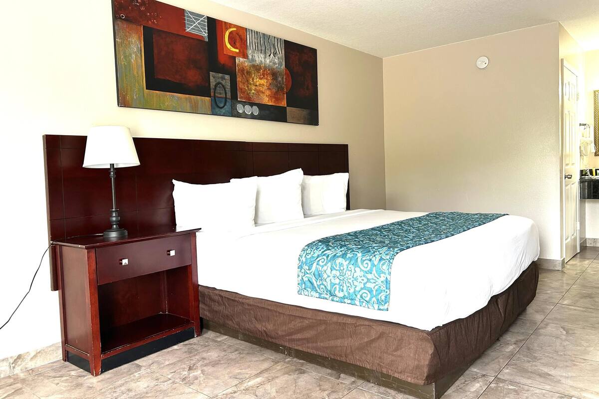 A hotel room with a large bed, a nightstand, a lamp, and a wall art piece.