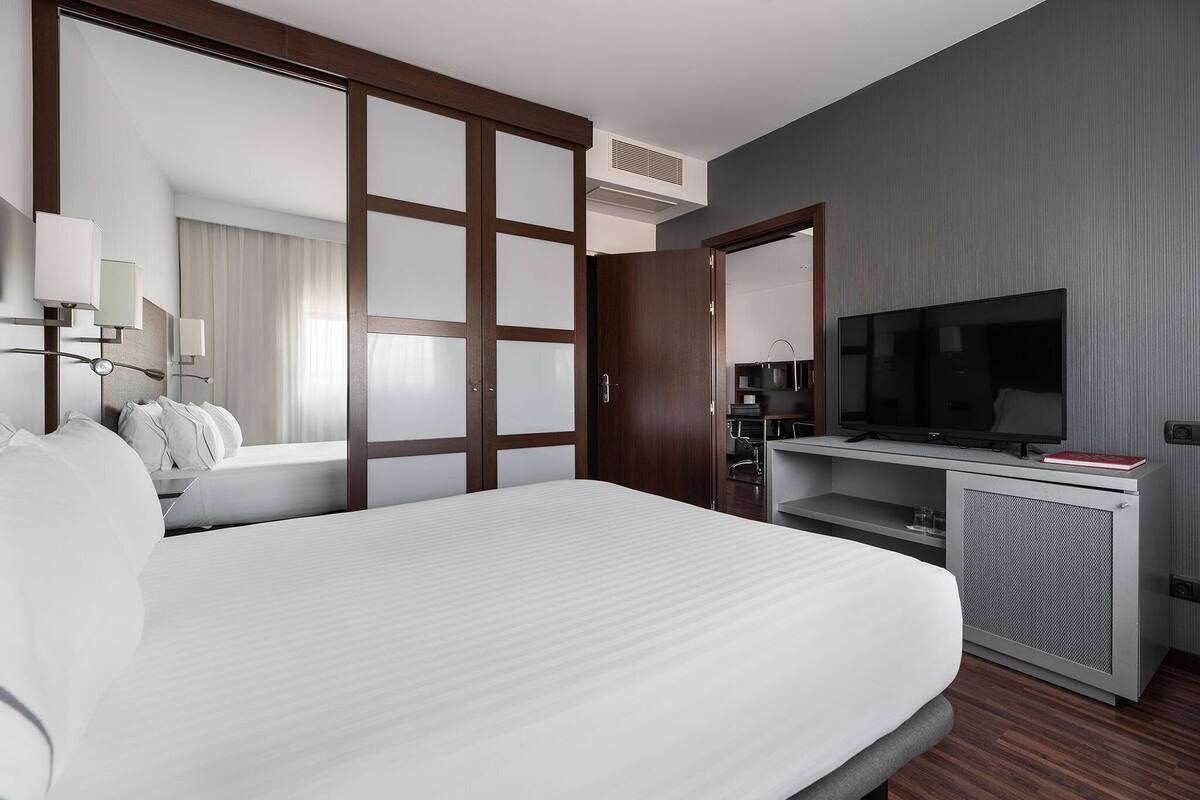 Habitación de hotel con una cama grande, televisión, escritorio con computadora y armario.