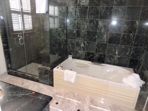 A modern bathroom with a glass-enclosed shower, a freestanding bathtub, and a marble countertop.