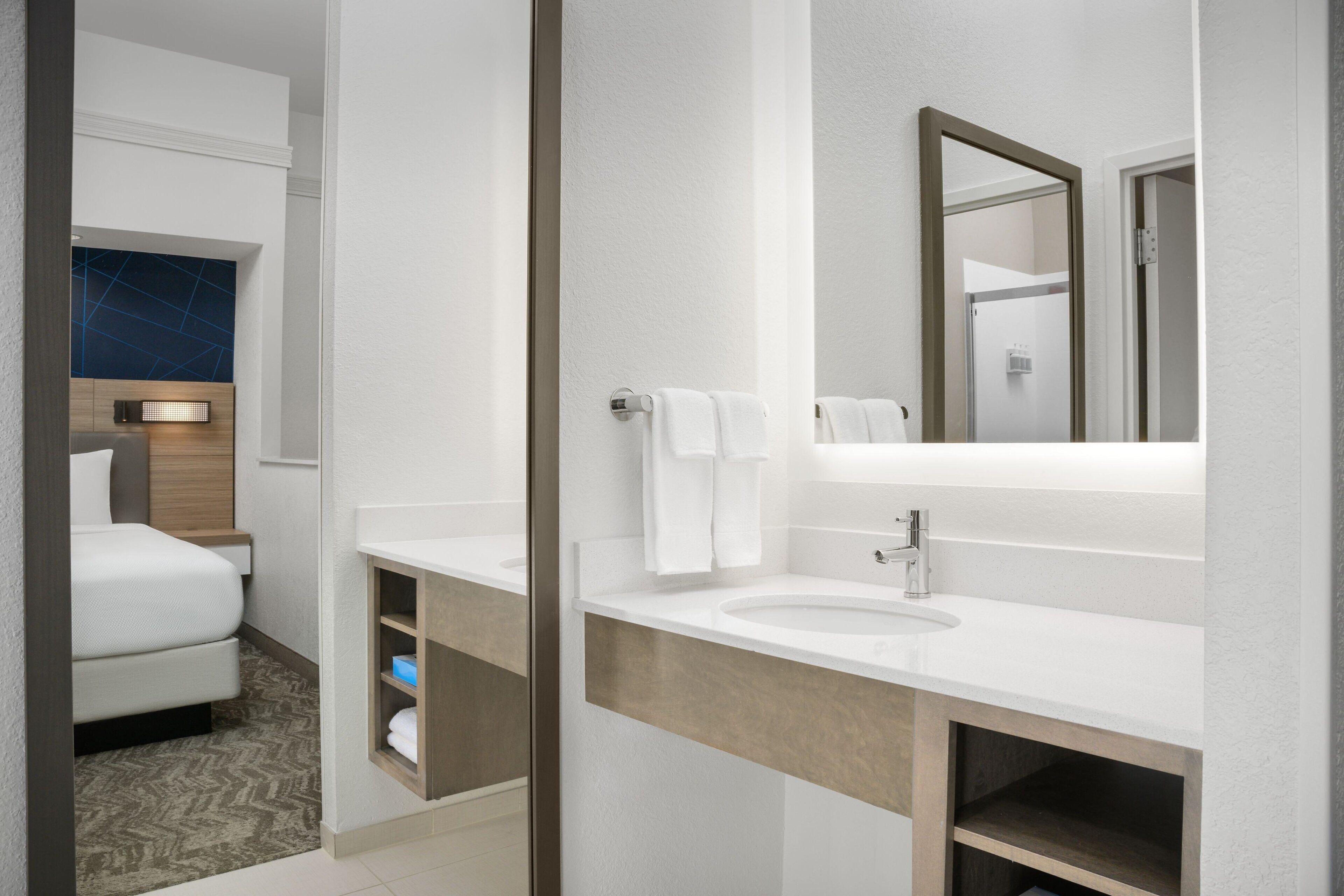 Une salle de bain moderne avec un lavabo blanc, un grand miroir et un meuble-lavabo en bois.