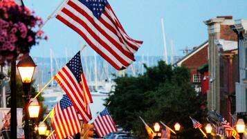A street lined with American flags, street lamps, and parked cars.