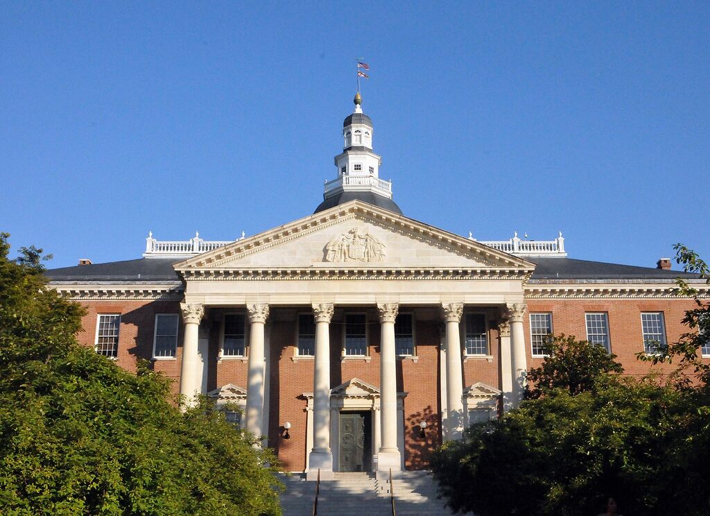 A classical building with a central dome, columns, and a flag on top.