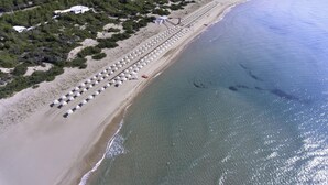 An aerial view of a beach with rows of beach umbrellas and tents, a sandy shoreline, and a forested area in the background. - Ethra Reserve - Alborèa 5* (Castellaneta)