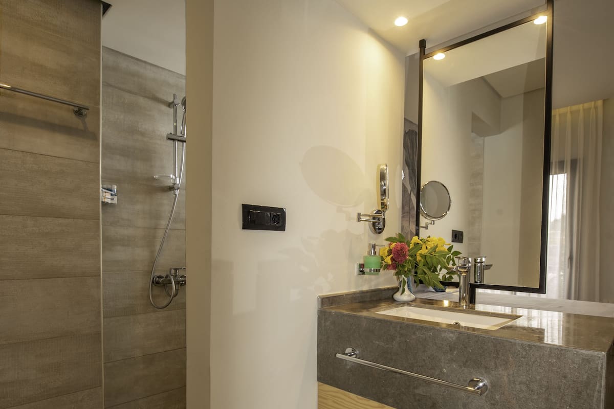 shower, free toiletries, hair dryer, towels