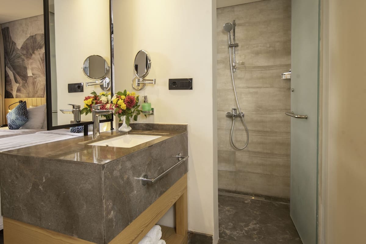 shower, free toiletries, hair dryer, towels