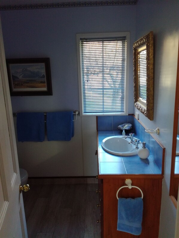 A bathroom with a sink, mirror, and window with blinds. There are two blue towels hanging on hooks.