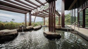 Un espace intérieur paisible agrémenté d’un bassin, d’une pergola en bois, d’escaliers en pierre et offrant une vue sur une végétation luxuriante.