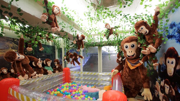 Un área de juegos interior con estructuras hinchables con temática de monos y una piscina de pelotas.