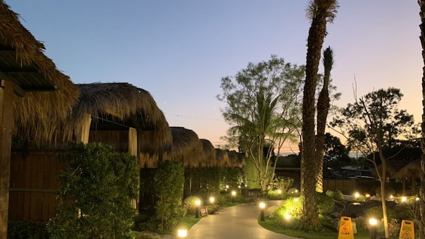 A pathway leading to thatched-roof buildings, surrounded by greenery and illuminated by ambient lighting. - Yawan Spa Hotel (Beinan)