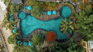 2 outdoor pools, open 7:00 AM to 8:00 PM, pool umbrellas, pool loungers