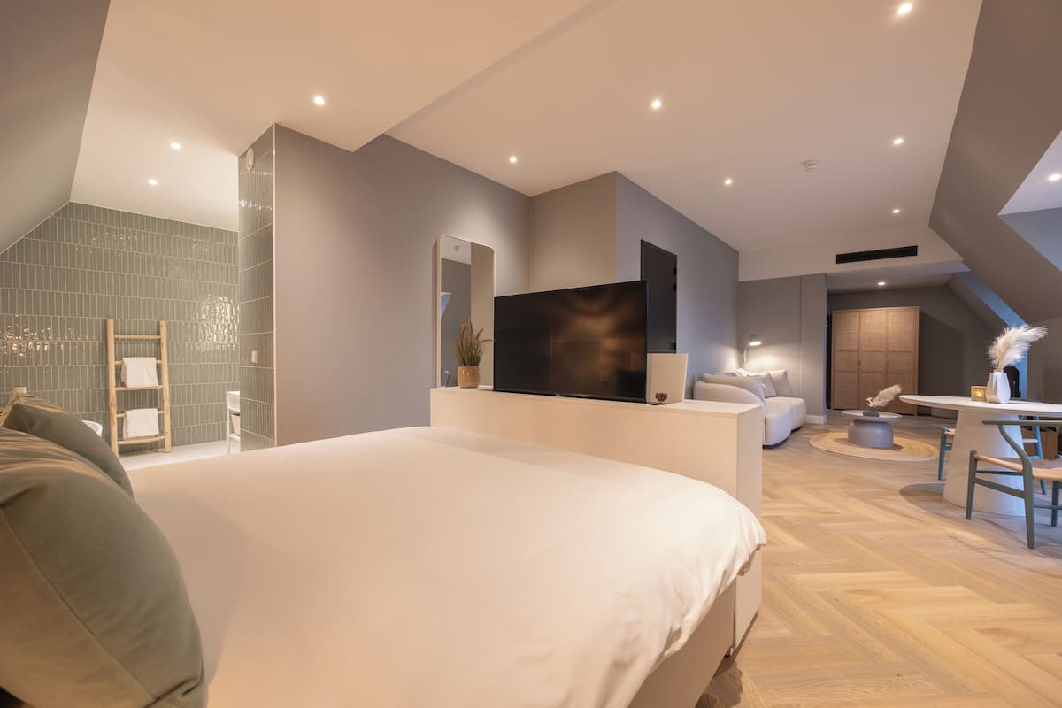 Ein modernes Schlafzimmer mit einem großen Bett, einem Fernseher, einem Schreibtisch und einem Badezimmer mit Dusche und Handtuchhalter.