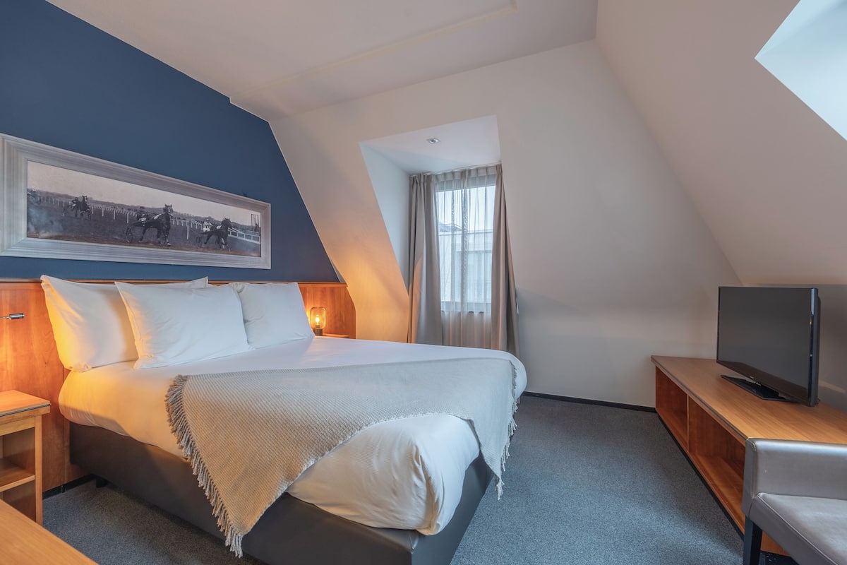 Ein modernes Hotelzimmer mit einem großen Bett, einem Fernseher auf einem Holzboden und einem gerahmten Bild an der Wand.