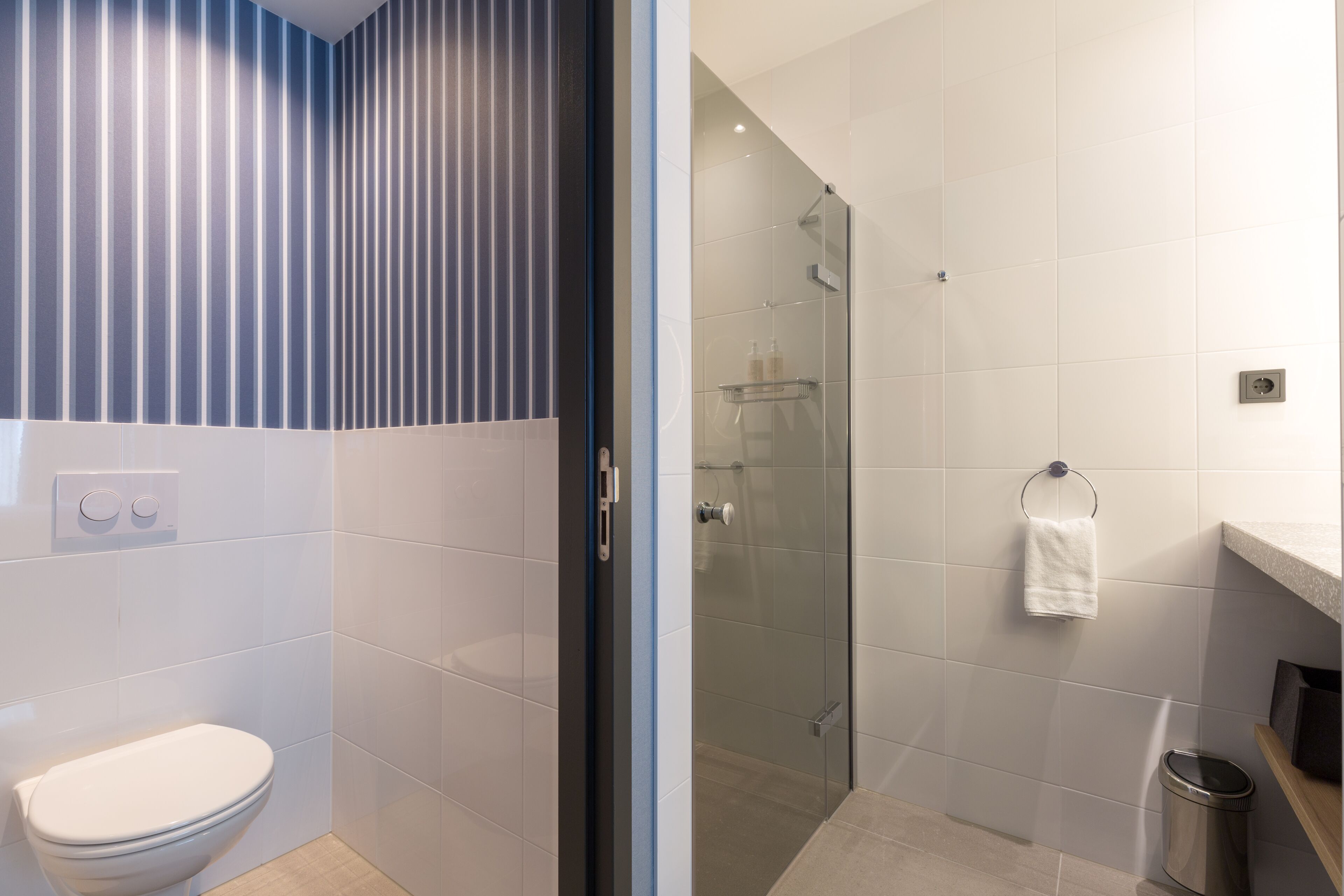 A modern bathroom with a toilet, a glass shower enclosure, and a towel rack.