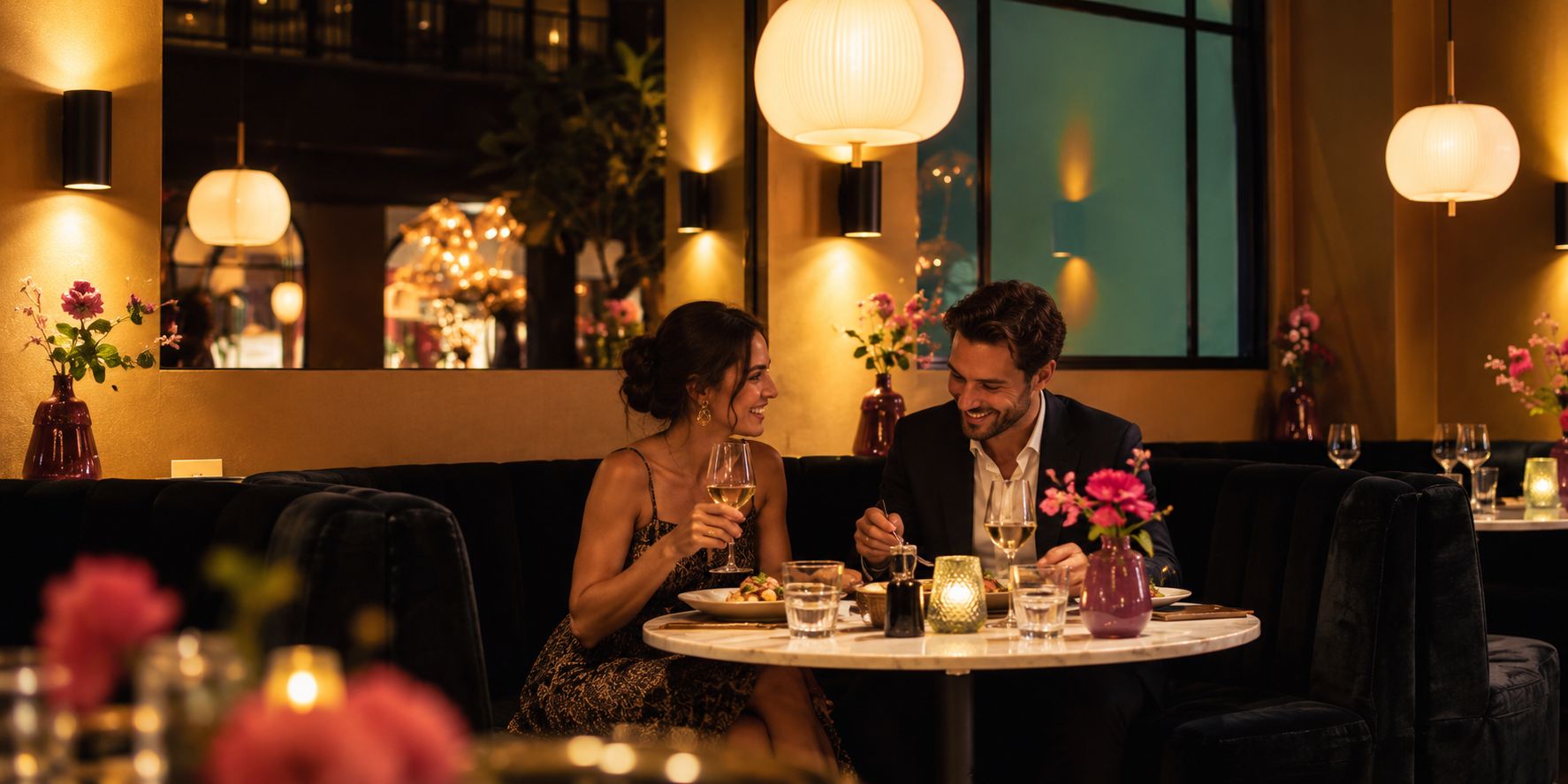 A couple dining at a table in a dimly lit restaurant with ambient lighting and floral decorations.