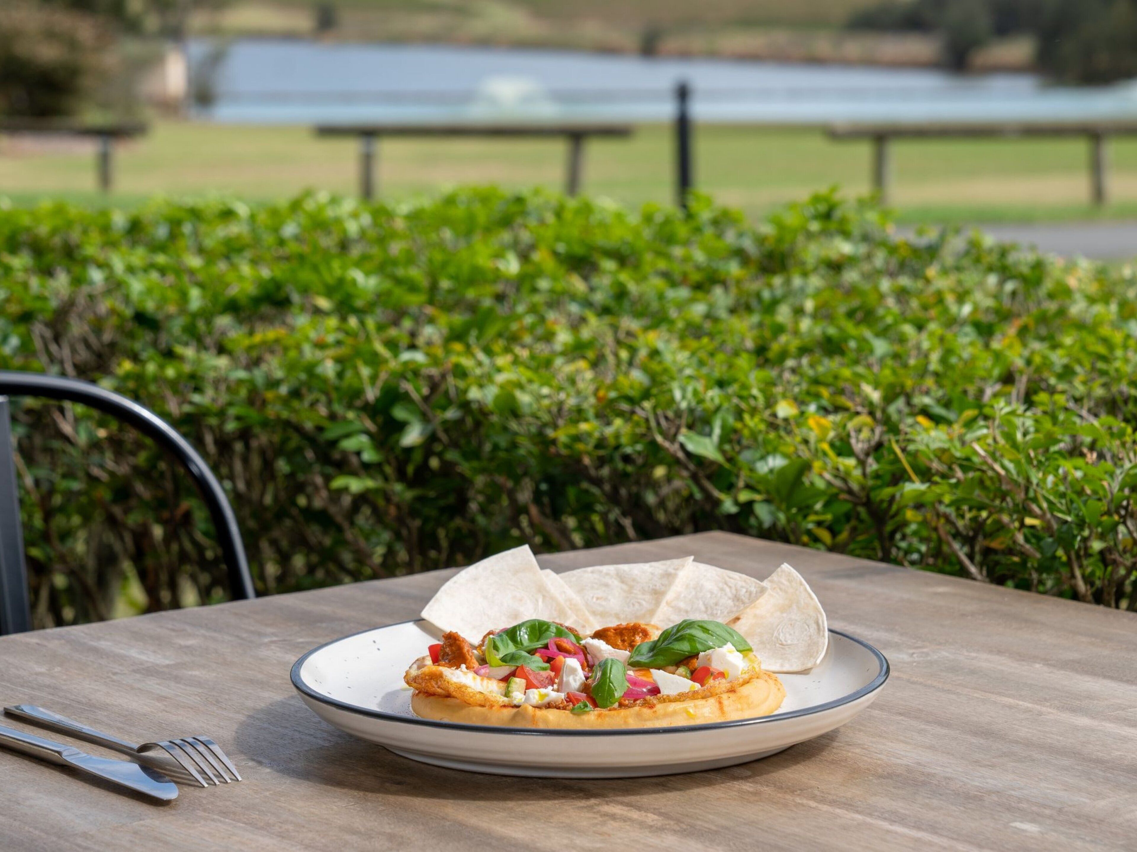 A plate of food on an outdoor table with a view of a park in the background.
