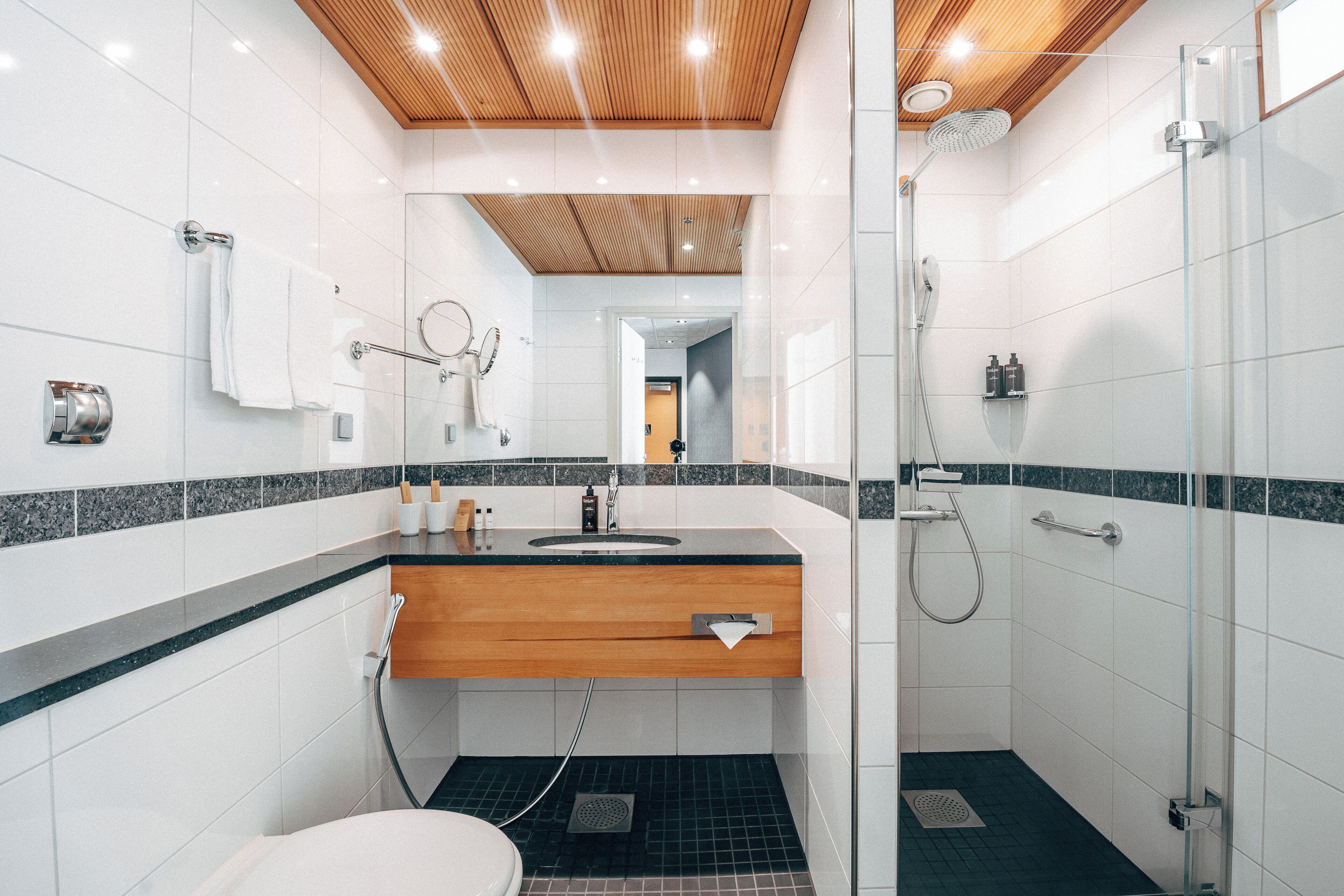 deluxe room, 1 king bed, non smoking | bathroom | rainfall showerhead, free toiletries, hair dryer, towels