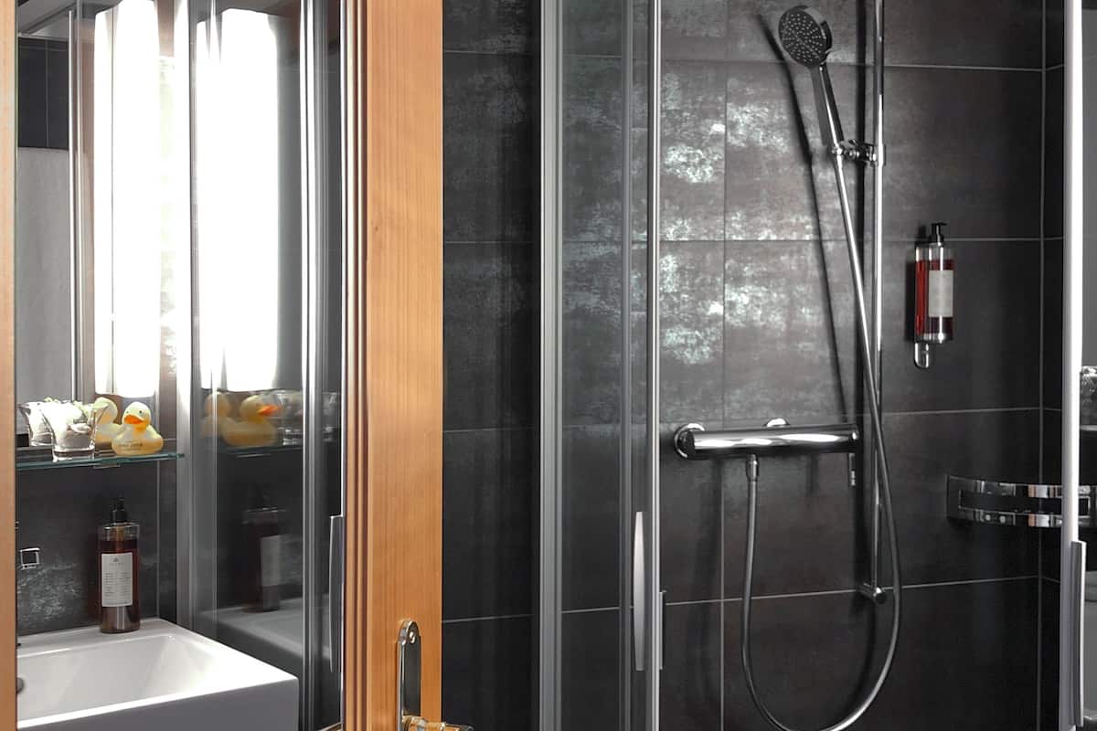 deluxe single room | bathroom | shower, free toiletries, towels