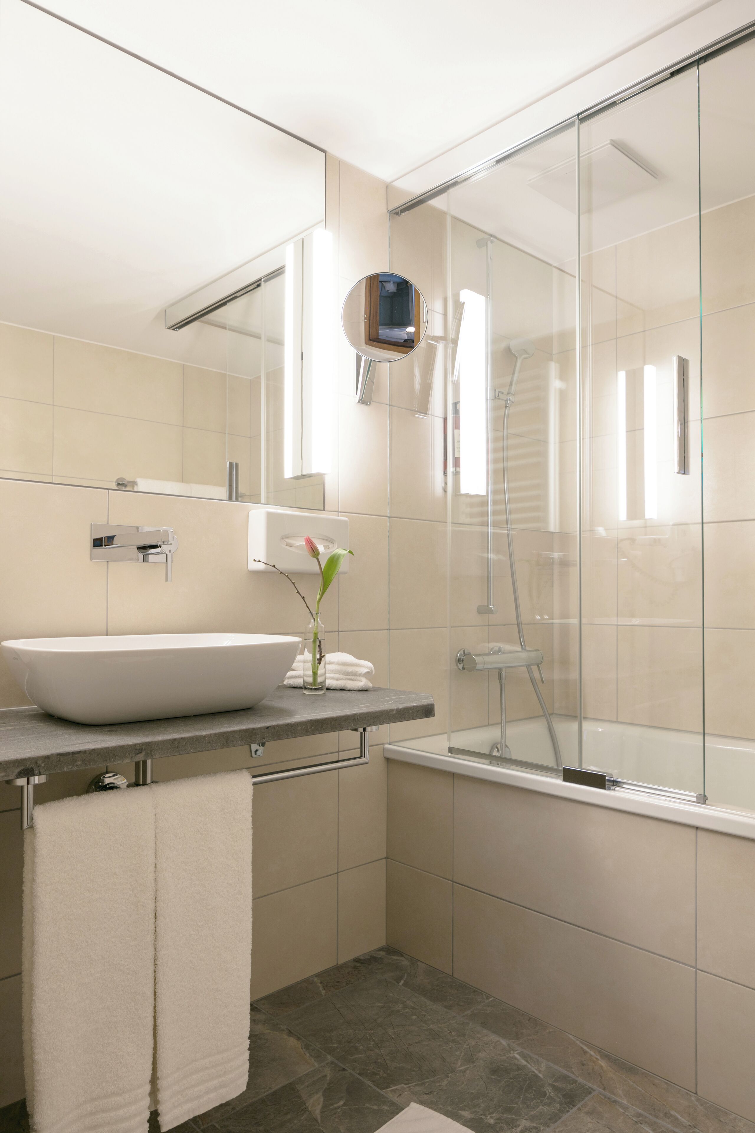 A modern bathroom with a large white sink, a glass shower enclosure, and a mirror above the sink.